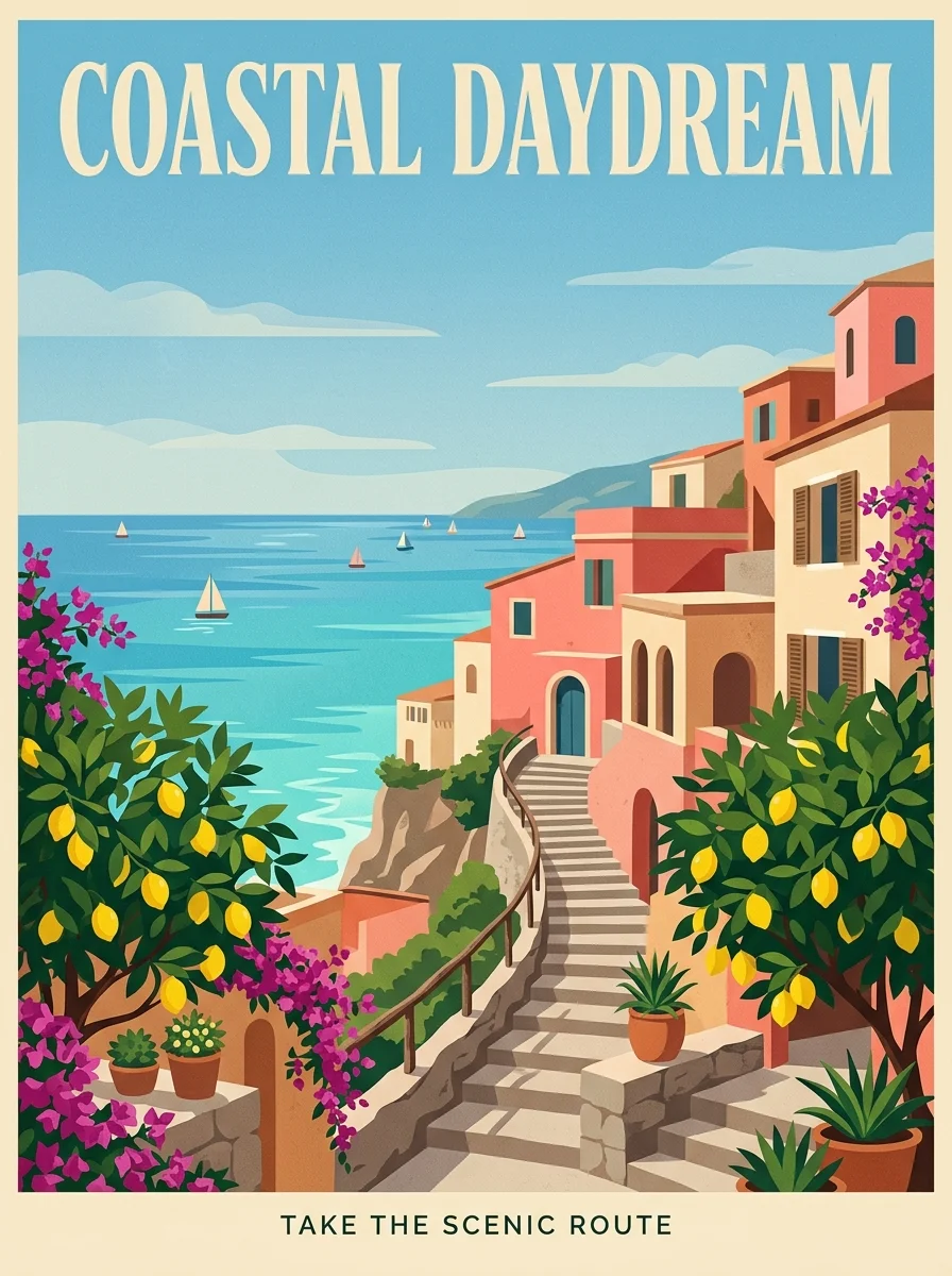 Coastal travel poster rendered by Nano Banana 2.1